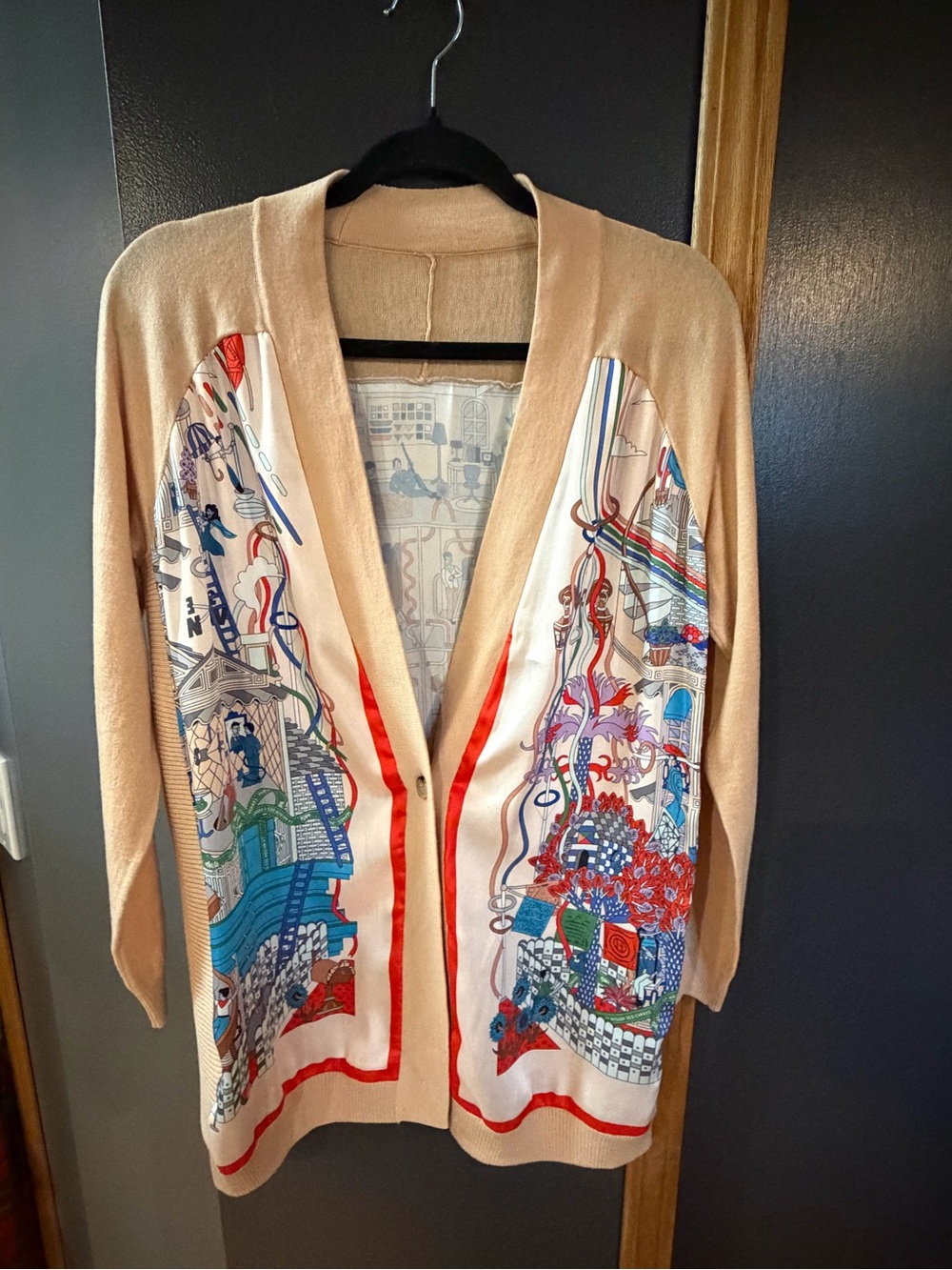 Beige Single Button Cardigan with Multicolor Printed Panels